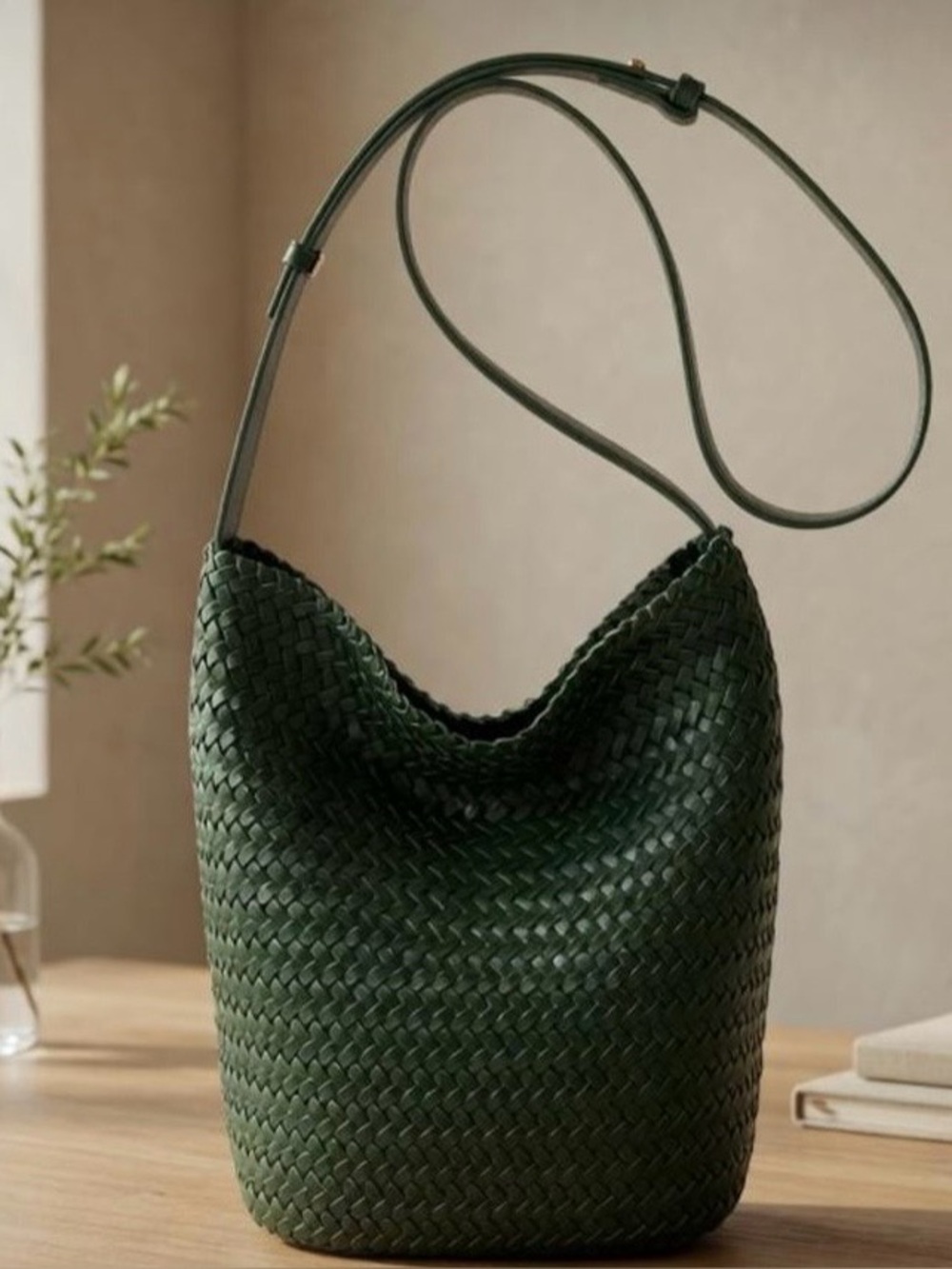 Woven Bucket ShoulderCrossbody Bag in Dark Green NWOT